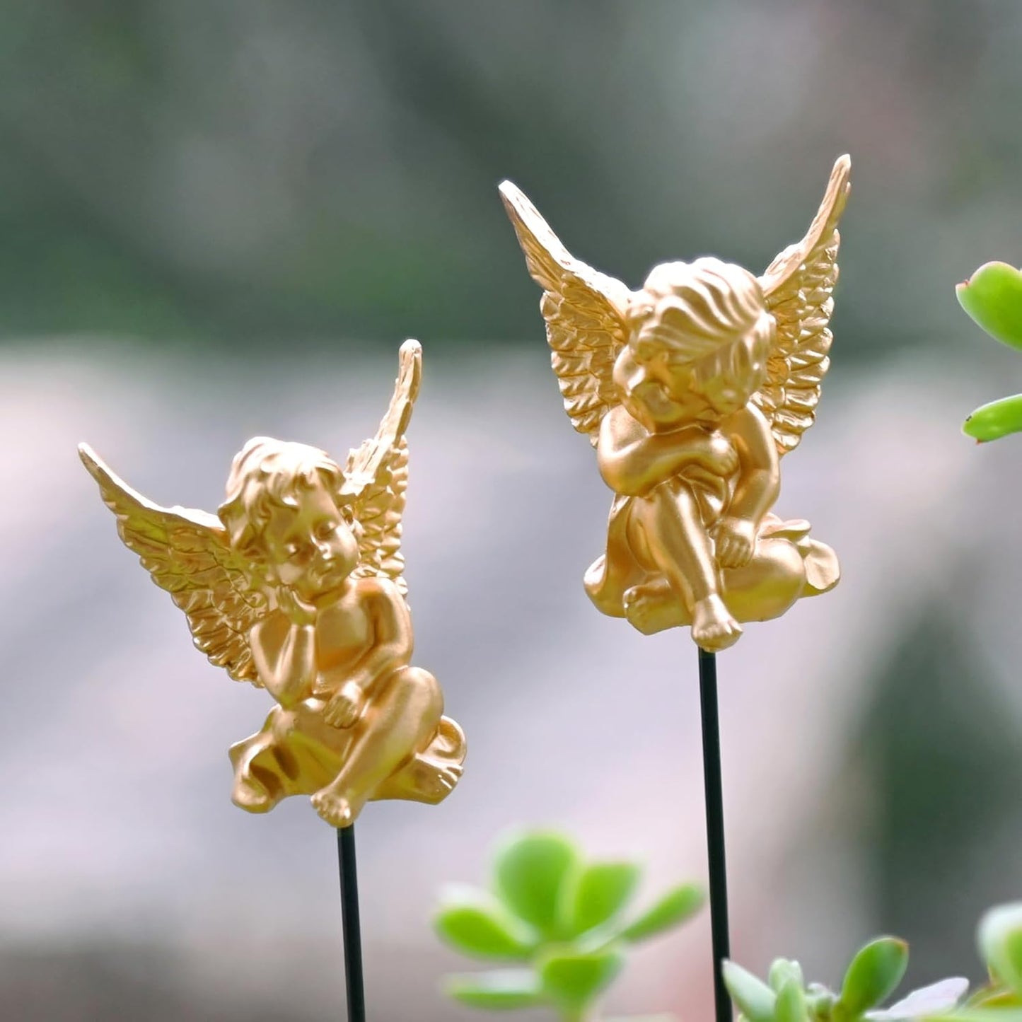 OwMell Set of 2 Decorative Angel Garden Stakes, Small Angel Fairy Garden Angel Ornaments, Cherub Angel Memorial Statue Flower Pot Decorations - Gold