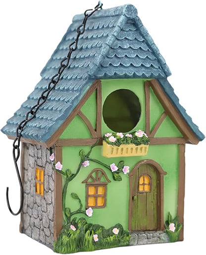 Cottage Garden Birdhouse – Green Resin Outdoor Decorative Bird House with Flower and Stone Details, Weatherproof for Backyard or Porch