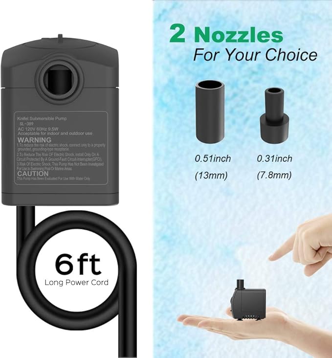 Submersible Pump 150GPH (550 L/H 9.5W) Ultra Quiet with Over Heating Protection 4ft High Lift for Fountains, Hydroponics, Ponds, Aquariums & More