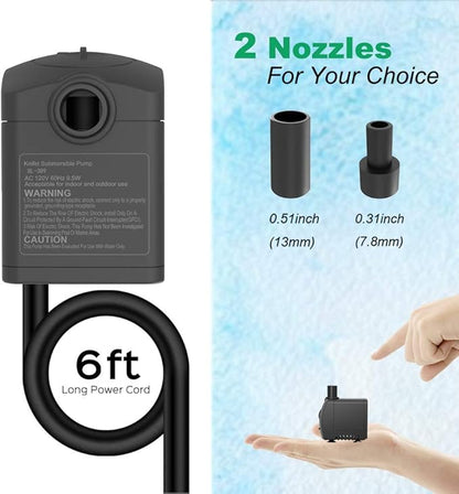 Submersible Pump 150GPH (550 L/H 9.5W) Ultra Quiet with Over Heating Protection 4ft High Lift for Fountains, Hydroponics, Ponds, Aquariums & More