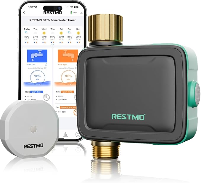 RESTMO Smart Sprinkler Timer with Flow Meter, Water Timer for Garden Hose, Brass Inlet & Outlet, Automatic Lawn & Yard Irrigation Watering System, APP Remote Control (RF Hub + WiFi Connection)