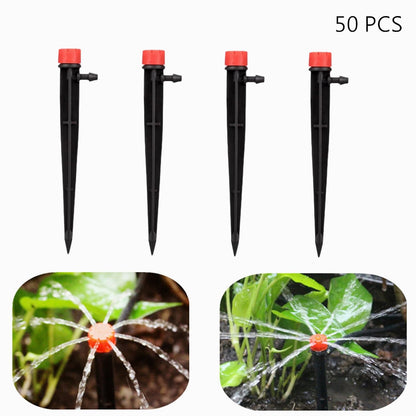 50pcs Drip Emitters for 1/4" Drip Irrigation Tubing, Adjustable 360 Degree Water Flow Drippers on 5" Arrow Stake, Garden Irrigation Drippers for (4-7mm) Watering System
