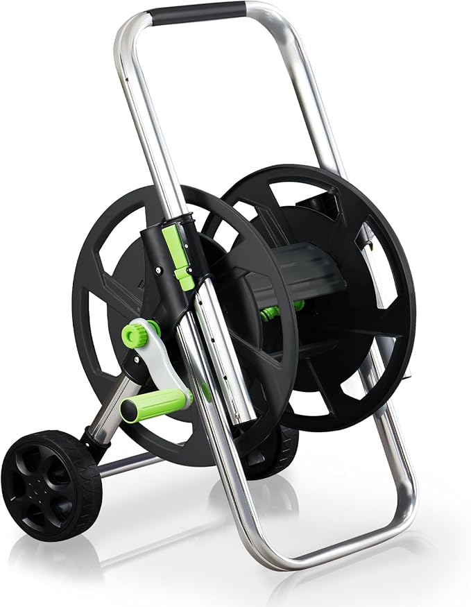 Garden Hose Reel Cart, Holds 75-150 Feet of 5/8-Inch Hose, Portable Hose Reel Cart With Wheels,Adjustable Handrail, Quick Hose Connector
