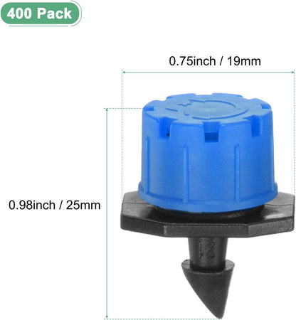 400-Pack 360 Degree Adjustable Irrigation Dripper, 1/4 Inch Barbed Emitter Drip Sprinklers for Garden/Greenhouse/Flower Bed/Watering System, Anti-Clogging Emitters [Blue]