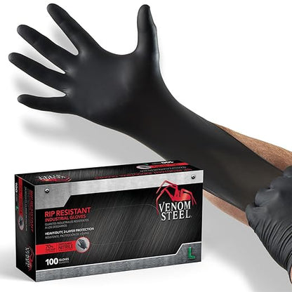 Venom Steel Industrial Nitrile Gloves, Chemical Resistant Disposable Black Gloves, Latex-Free, Powder-Free, Textured Grip, Heavy Duty Two-Layer Protection, 6 mil, Large, 100 Count