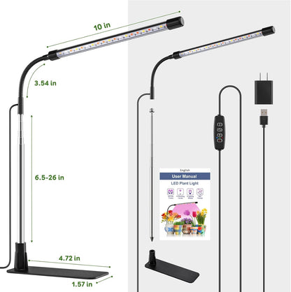 Grow Lights for Indoor Plants, Full Spectrum LED Plant Lights with Base, Adjustable Height 6.5"-26", 10 Dimmable Levels, Auto Timer 3/9/12H, Desk Grow Lamps for Indoor Growing (1 Pack)