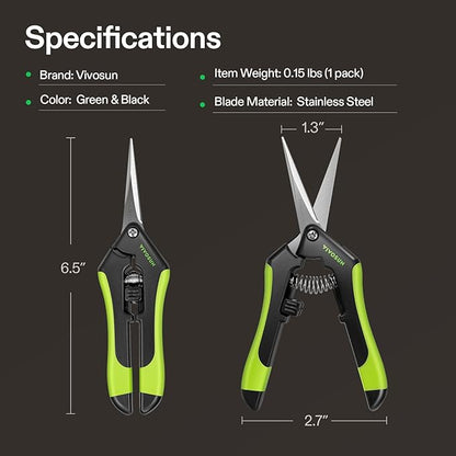 VIVOSUN Gardening Scissors, 6.5 Inch Hand Pruner, Pruning Shear with Straight Stainless Steel Blades, Garden Tools for Women Men, Black and Green