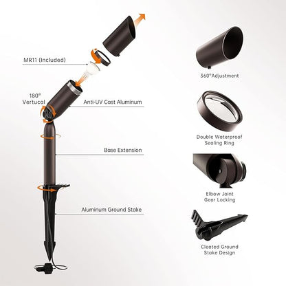 Outdoor Low Voltage Landscape Lighting - 12V Cast Aluminum Spot Lights with 5W 3000K Warm White LED Bulb Waterproof Spotlights Uplights with Wired Connectors for Yard Pathway Garden Tree Wall , 4 Pack