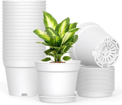 20 Pack 6 Inch Plant Pots with Drainage and Saucers, White Plastic Flower Pots for Indoor and Outdoor Plants, Stackable Nursery Planters for Houseplants and Herbs, White