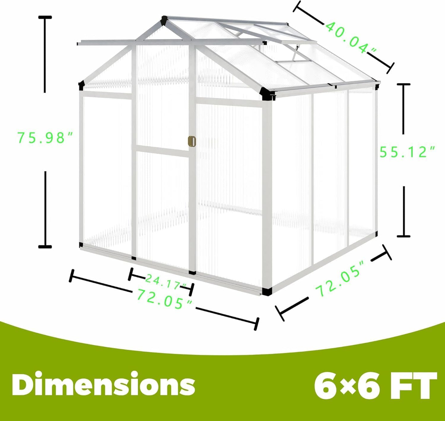 6 x 6 FT Greenhouse for Outdoors,Aluminum Walk-in Greenhouse,Silver