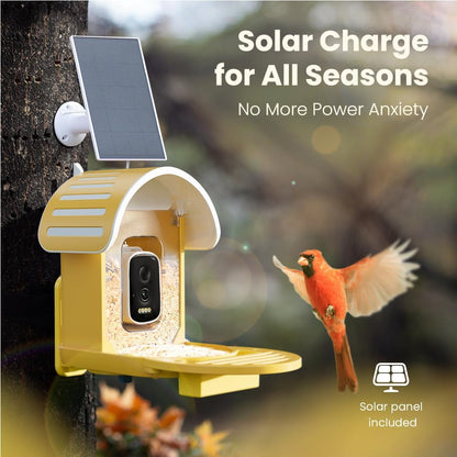 Smart Bird Feeder with Camera, 2.5K UHD Bird Feeder Camera Solar Powerd, Sensitive AI Bird Identification, Instant Alerts Capture Bird Video, IP66 Bird Feeder for Outdoor, Ideal Gift, Yellow