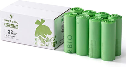 SUPERBIO 33 Gallon Compostable Yard Waste Bags, Lawn & Leaf Bags, Extra Thick 1.57 Mil (120 Count Bulk), BPI and OK compost INDUSTRIAL