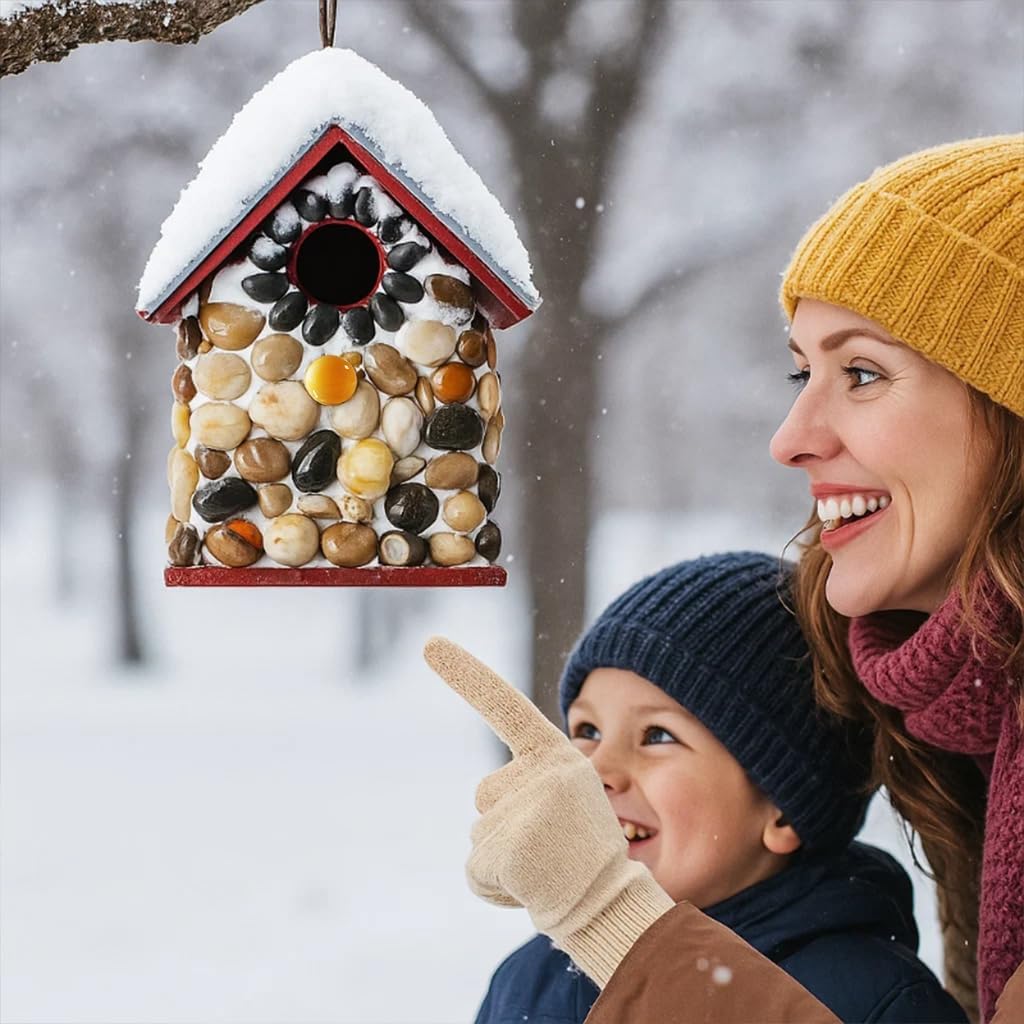 Masterpiece Bluebird Bird House for Outside Clearance, Cedar Bird House Bird Feeder for Outdoor, Stone Villa, Hanging Birdhouse for Outside,Pole Mountable, 10 Years Longtime Lasting (Red)