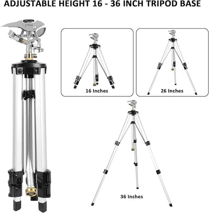STYDDI Heavy Duty Impact Sprinkler on Tripod Base, Tall Metal Pulsating Telescoping Tripod Sprinkler for Large Area, Yard, Lawn, Garden, Waters up to 70 Ft. Diameter, Legs Extends Up to 36-inch