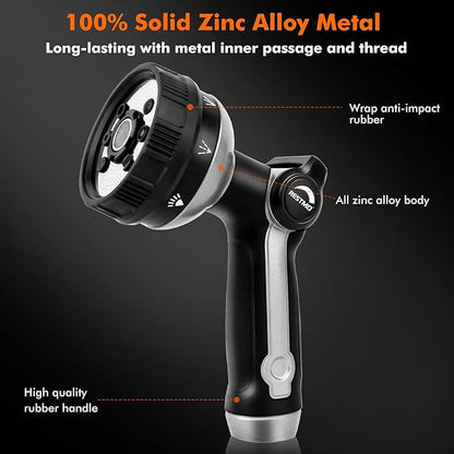 RESTMO Full Shower Hose Nozzle, Metal Spray Nozzle for Garden Hose, 8 Spray Patterns, Water Hose nozzle with Thumb Control, Ideal for Outdoor Lawn & Plant Watering, Car & Pet Washing, Silver