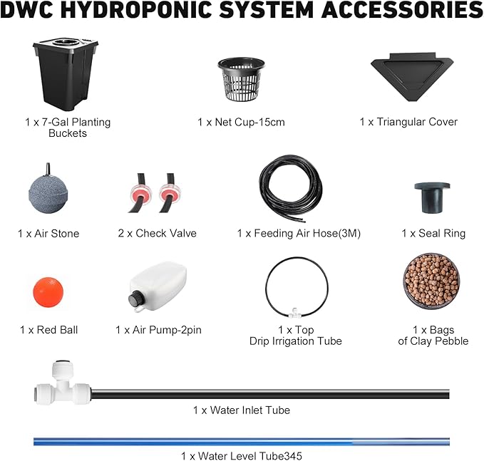 DWC Hydroponics Growing System with Top Drip Kit 7 Gallon Deep Water Culture Bucket System with Air Pump, Air Stone, Air Hose, Recirculating Drip Garden System