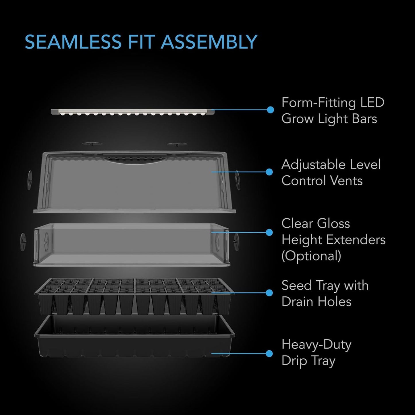 AC Infinity Heavy-Duty Large Humidity Dome w/Full Spectrum LED Grow Light Bars, Samsung LM301H EVO Diodes, 3mm Thickest Dome and 6x12 Trays, Vent Extension Panels, for Seed Starting and Propagation