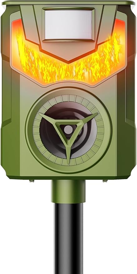 Solar Animal Repeller Ultrasonic Deer Repeller Fox Deterrent with 5 Modes Motion Sensor Flame Light for Repel Squirrel Cat Dog Outdoor Lawn Orchard Garden