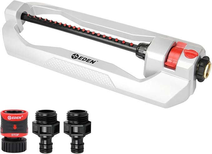 Eden 94111 Lawn&Garden Metal Oscillating Water Sprinkler for Yard W/Quick Connect Starter Set 4,400 Sq Ft Coverage, Heavy Duty