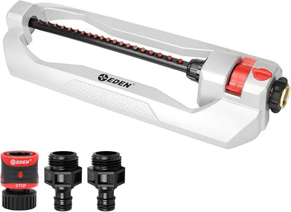 Eden 94111 Lawn&Garden Metal Oscillating Water Sprinkler for Yard W/Quick Connect Starter Set 4,400 Sq Ft Coverage, Heavy Duty