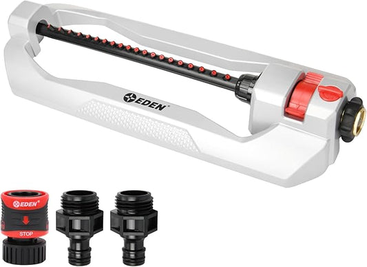 Eden 94111 Lawn&Garden Metal Oscillating Water Sprinkler for Yard W/Quick Connect Starter Set 4,400 Sq Ft Coverage, Heavy Duty