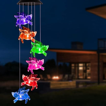 ME9UE Color Changing Flying Pigs Wind Chimes Gifts Portable Waterproof Mobile Romantic Fly Pigs Windchime, LED Solar Pig Wind Chimes Lights Gift for Mom, Festival, Patio, Garden, Outdoor Decoration