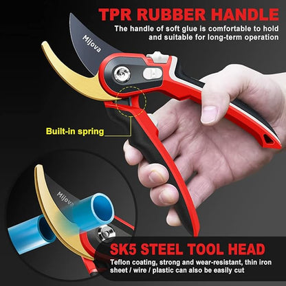 Garden Pruners, Heavy Duty Garden Clippers, Pruning Shears with Adjustable Thumb Lock, Hand Gardening Tools Pruners, High Carbon Steel Sharp Gardening Scissors