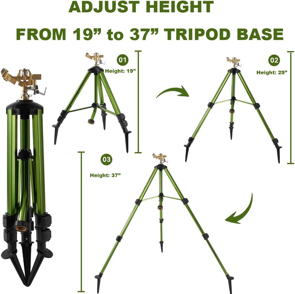 THUNDERBAY Impact Sprinkler on Tripod Base, Heavy-Duty sprinklers Provide 360-degree Spray Coverage Large Yard Garden Lawn Areas, 3/4 Inch Connector Extension Legs Flip Locks with Brass Head, 2 Pack