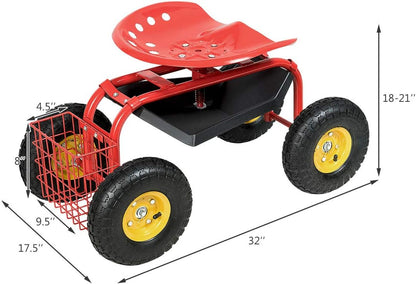 IRONMAX Garden Cart with Seat, Gardening Rolling Stool Scooter w/Wheels, Tool Tray and Basket for Planting, Wheeled Outdoor Gardening Work Seat for Patio, Yard (Red)