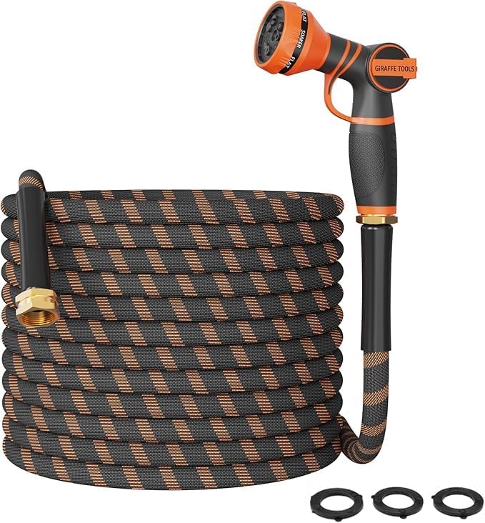 Giraffe Tools Garden Hose 75FT Non-Expandable Lightweight Flexible Water Hoses Burst 600 psi with 9 Spray Function Nozzle Heavy Duty Hose