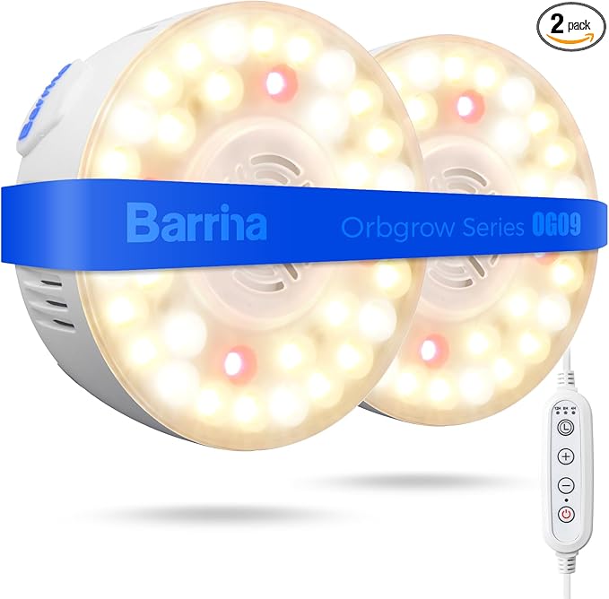 Barrina Orbgrow OG09 Puck Grow Light with Timer, 660nm Red LEDs 18W(2 x 9W, 270 Watt Equiv), Full Spectrum Plant Light for Indoor Plant, Magnetic & Linkable, 5 Levels Dimmable for Plant Shelf, 2 Packs