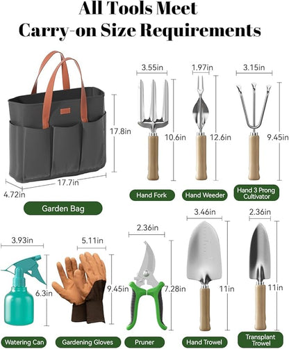 VerdantVibes 9-Piece Garden Tool Set - Heavy Duty Gardening Hand Tools with Ergonomic Non-Slip Grips, Rust-Resistant Shovel, Trowel, Rake, Pruner & Storage Bag - Ideal Gardening Gifts for Women