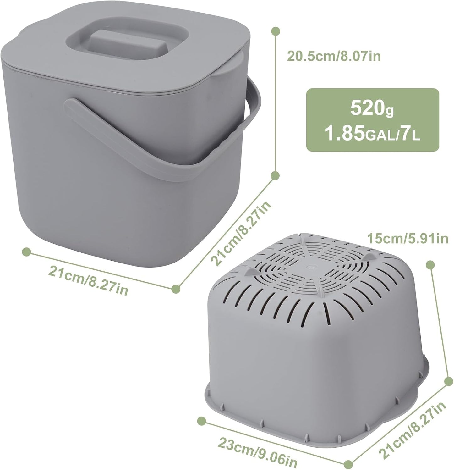 Stylish Kitchen Compost Bin- 1.85 Gal/ 7L Countertop Compost Bin with Lid, Inner Sieve for Separating Liquid from Food, Easy to Clean (Grey, 1.85GAL)