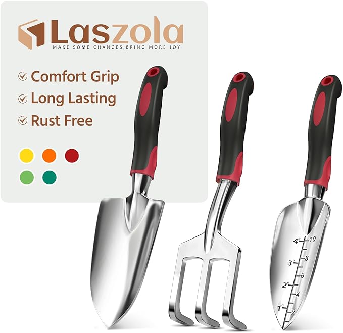 LASZOLA 3 Piece Garden Tool Set Include Hand Trowel Rake and Transplant Shovel for Women, Indoor Heavy Duty Small Spade Kit with Ergonomic Handle to Weed and Loosen, for Mom and Plant Beginner, Red