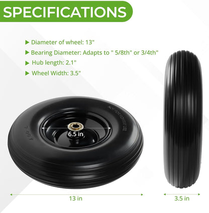 Backyard Expressions 13-Inch Flat-Free PU Tire 2-Pack – Solid PU Replacement Wheels with 5/8" & 3/4" Bearings, Spacer Kit & Steel Hubs for Wheelbarrows, Garden Carts, Wagons, Hand Trucks & More