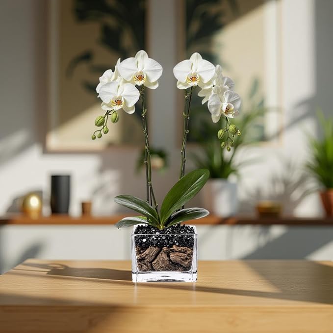 Live White Double Stem Phalaenopsis Orchid Plant with Obsidian - Premium Flowering Houseplant for Home Office Decor, Easy Care Live Plant