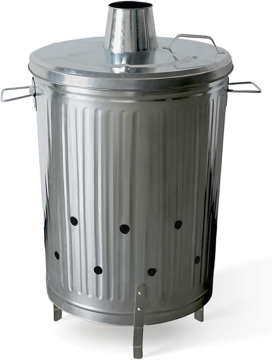 Plexon Metal Compost Bin Outdoor Burn Bin - Galvanized Trash Can with Lid Chimney and Vent Holes - Trash Burning Container Composter Incinerator for Garbage, 20 Gallon (Chimney Lid and Vent Holes)