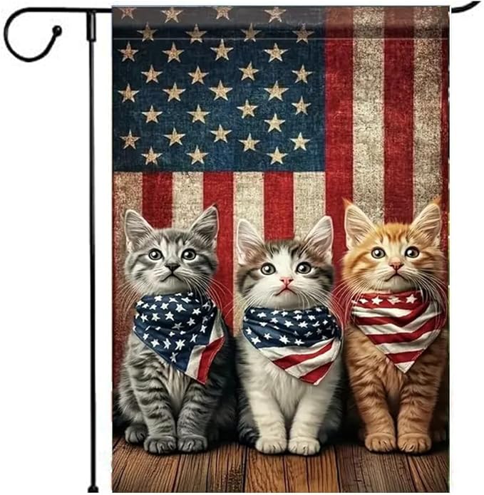 Patriotic Stars and Stripes Garden Flag 12x18 Inch Double Sided Outside, USA 4th of July Memorial Day Independence Day Watercolor Yard Outdoor Decoration(cat)