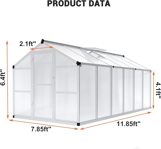 8x12 FT Polycarbonate Greenhouse with Roof Vent - Large Aluminum Walk-in Greenhouse Kit for Gardening, Backyard, Patio, Lawn - Easy Assembly