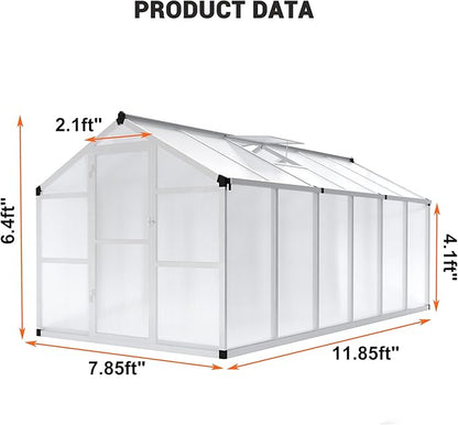 8x12 FT Polycarbonate Greenhouse with Roof Vent - Large Aluminum Walk-in Greenhouse Kit for Gardening, Backyard, Patio, Lawn - Easy Assembly