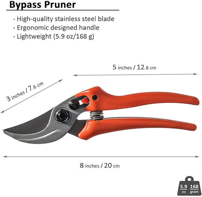 BUGUI 8" Gardening Scissors, Bypass Pruning Shears, 1" Cutting Capacity Sharp Garden Clippers with Low-friction Painted Stainless Steel Blade