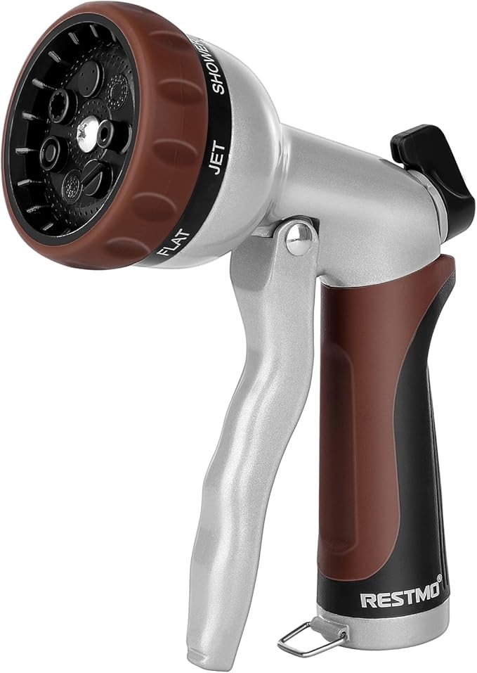 RESTMO Garden Hose Nozzle, Heavy Duty Metal Water Hose Nozzle with 7 Adjustable Spray Patterns, High Pressure Hand Sprayer with Flow Control, Best for Watering Plant & Lawn, Washing Car & Pet, Brown