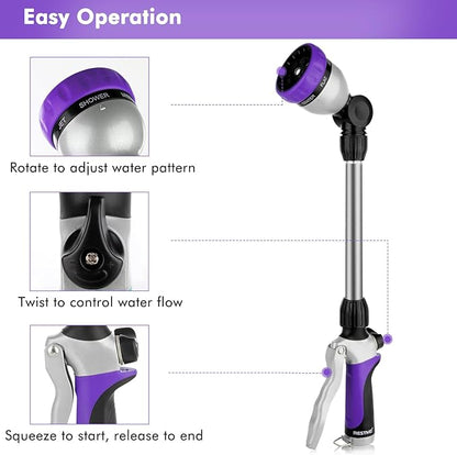 RESTMO Metal Watering Wand, Heavy Duty Garden Hose Wand with 180° Swivel Ratcheting Head, 16'' Hose Nozzle Sprayer with 7 Spray Patterns and Flow Control, for Water Hanging Baskets and Shrubs, Purple