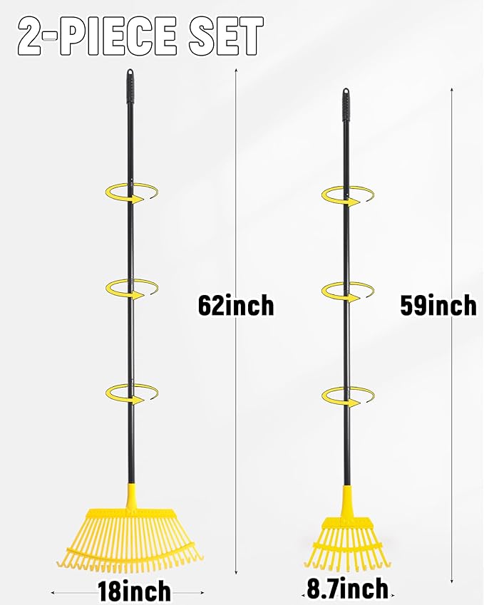 Garden Leaf Rake 2 Pack, 11+25 Tines Metal Leaf Rake with Adjustable Handle, Heavy Duty Lawn Yard Rakes Set for Leaves, Grass, Shrubs, Debris, Pine Needles, Garden Cleanup Tools for Backyard