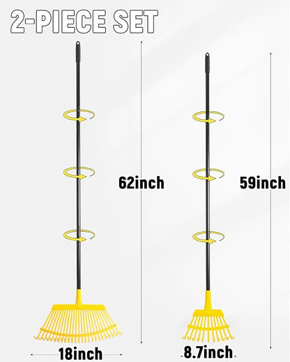 Garden Leaf Rake 2 Pack, 11+25 Tines Metal Leaf Rake with Adjustable Handle, Heavy Duty Lawn Yard Rakes Set for Leaves, Grass, Shrubs, Debris, Pine Needles, Garden Cleanup Tools for Backyard