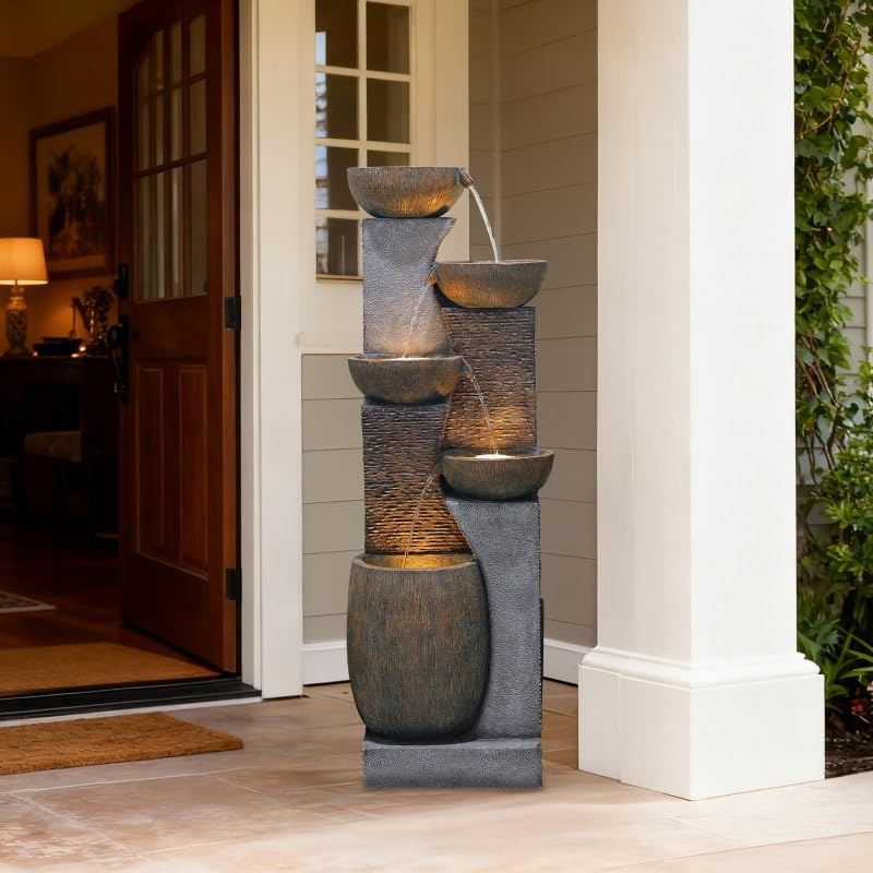 51.6'' H Tall Outdoor Water Fountain, 5-Tier Resin Cascading Crock Bowls with LED Lights, Garden Water Feature and Waterfall for Porch, Deck, Patio, Yard, and Home Décor, Dark Gray