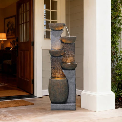 51.6'' H Tall Outdoor Water Fountain, 5-Tier Resin Cascading Crock Bowls with LED Lights, Garden Water Feature and Waterfall for Porch, Deck, Patio, Yard, and Home Décor, Dark Gray
