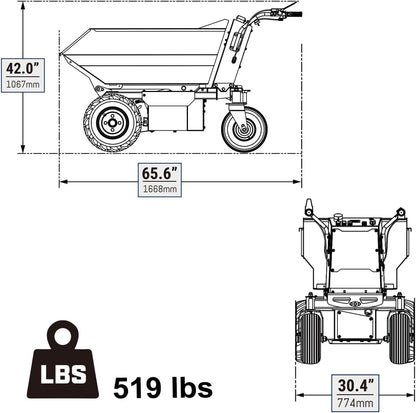 1100Lb Loading 48V Battery Powered Wheel Barrow Electric Dumper Cart with 30W Light, Hydraulic Tipping, 1000W Brushless DC Motor, LED Display Screen, Model EH50 Yellow