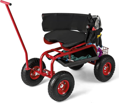 Giantex Garden Cart, Rolling Workseat with 4 Wheels, Tool Tray, Removable Cushion, Storage Basket, 2 Handles, Adjustable Height & 360 Swivel Work Seat, Gardening Stool for Patio Lawn (Red & Black)