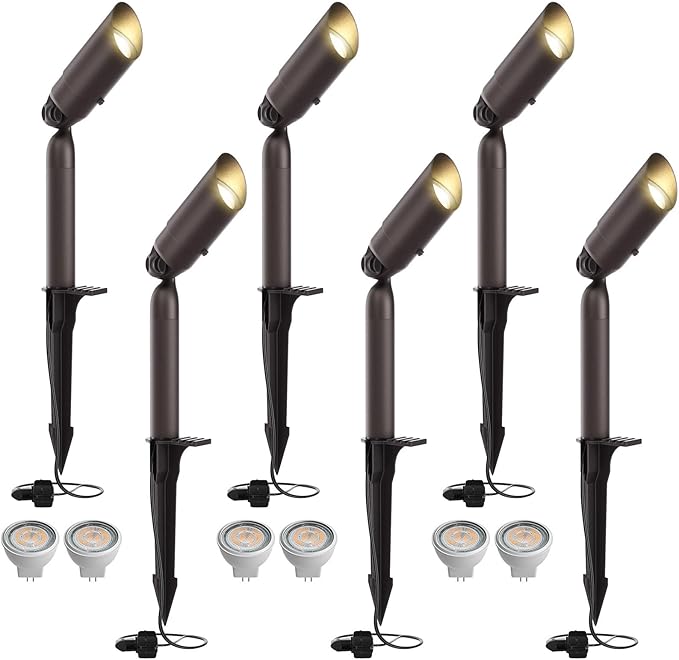 Outdoor Low Voltage Landscape Lighting - 12V Cast Aluminum Spot Lights with 5W 3000K Warm White LED Bulb Waterproof Spotlights Uplights with Wired Connectors for Yard Pathway Garden Tree Wall , 6 Pack